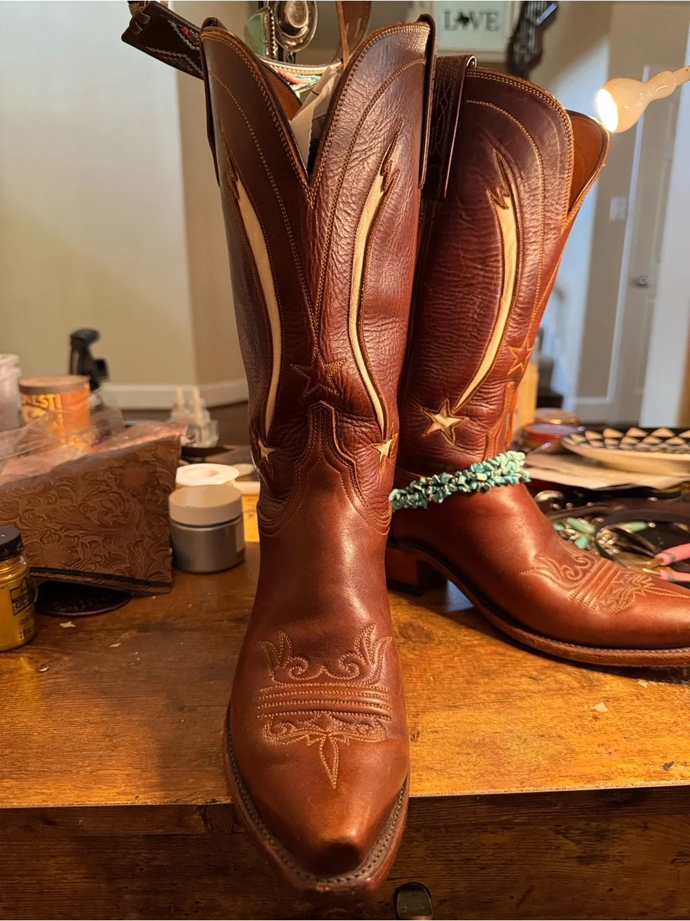 Lucchese Brown Leather Western Heeled Boots with Turquoise Accents - Picture 3 of 8